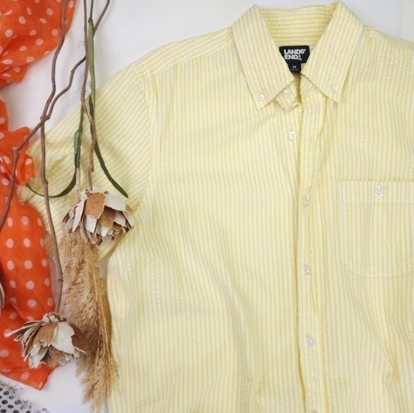 New Lands End Men's Seersucker Yellow White Striped Short Sleeve Shirt Sz M - Picture 11 of 11